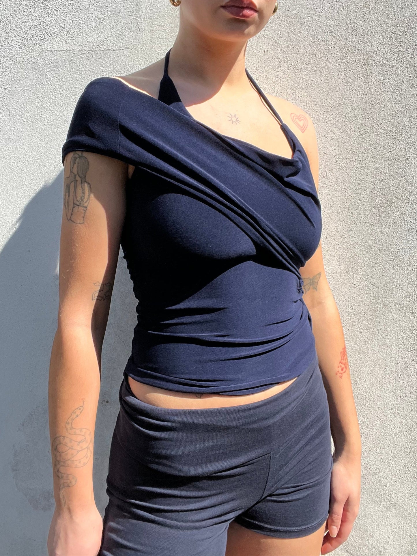 multi tie asymmetric top in navy