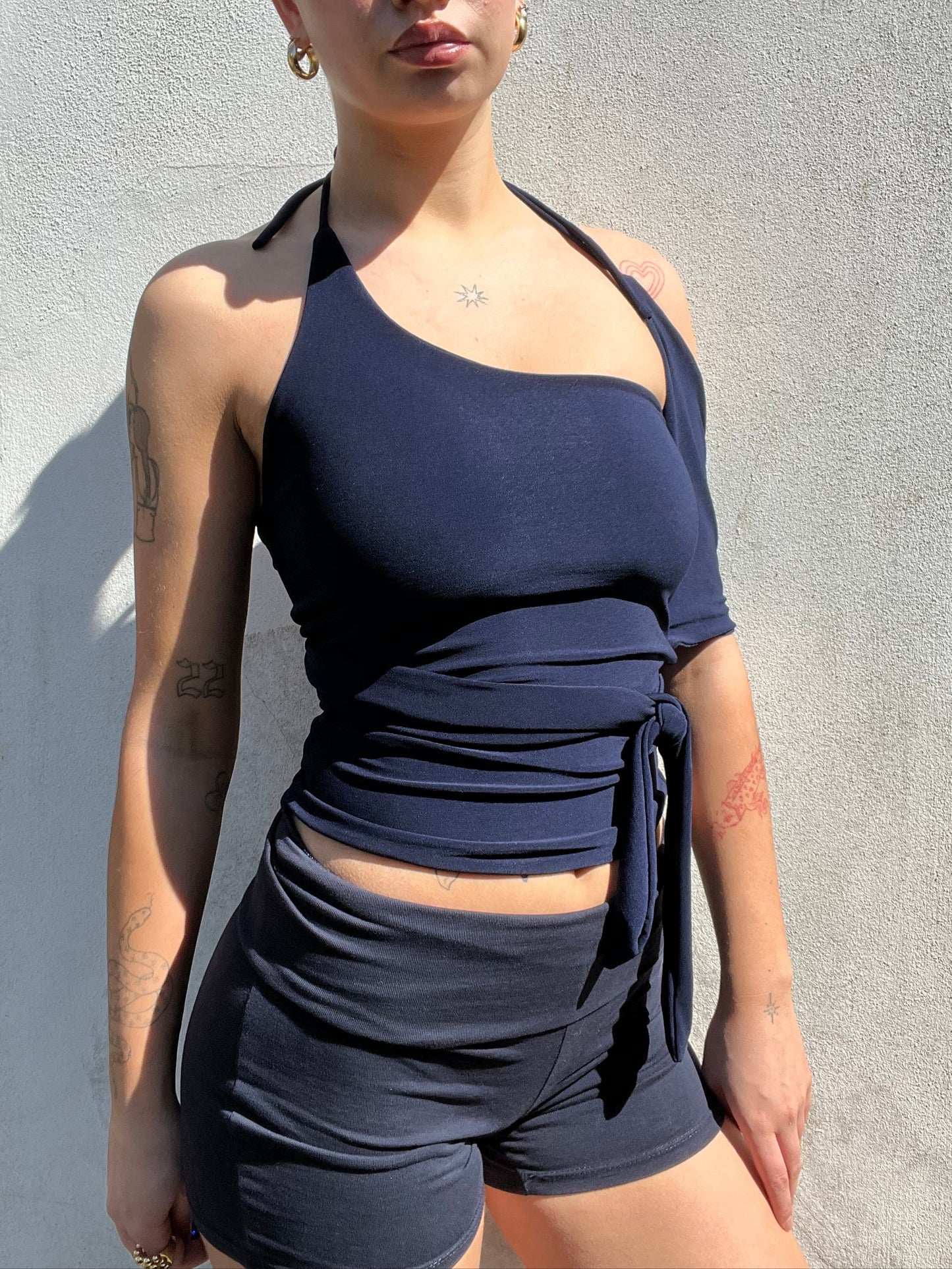 multi tie asymmetric top in navy