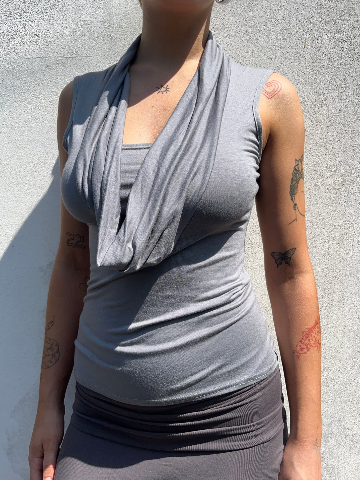 grey cowl neck top