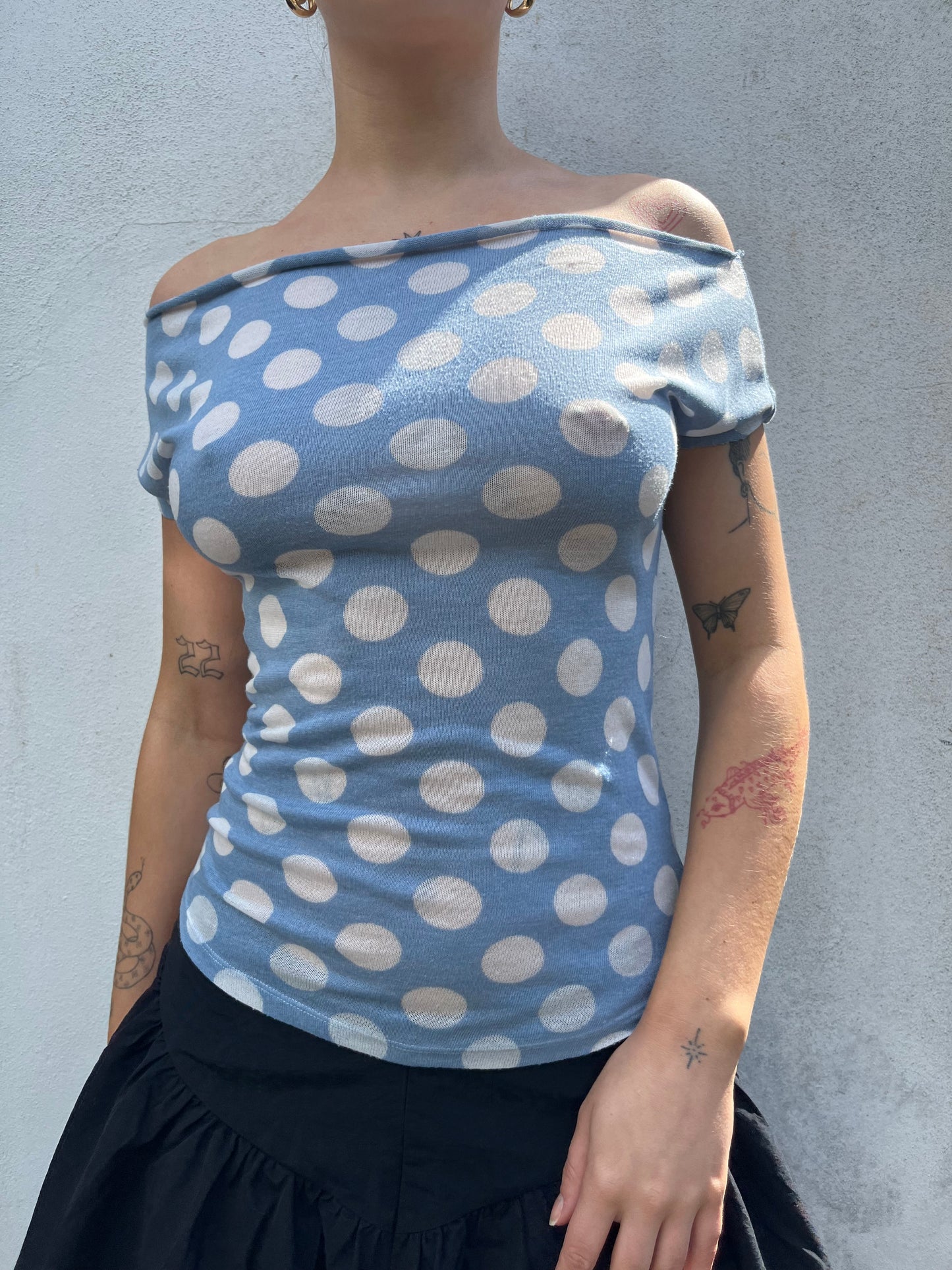 polka dot off the shoulder top in blue