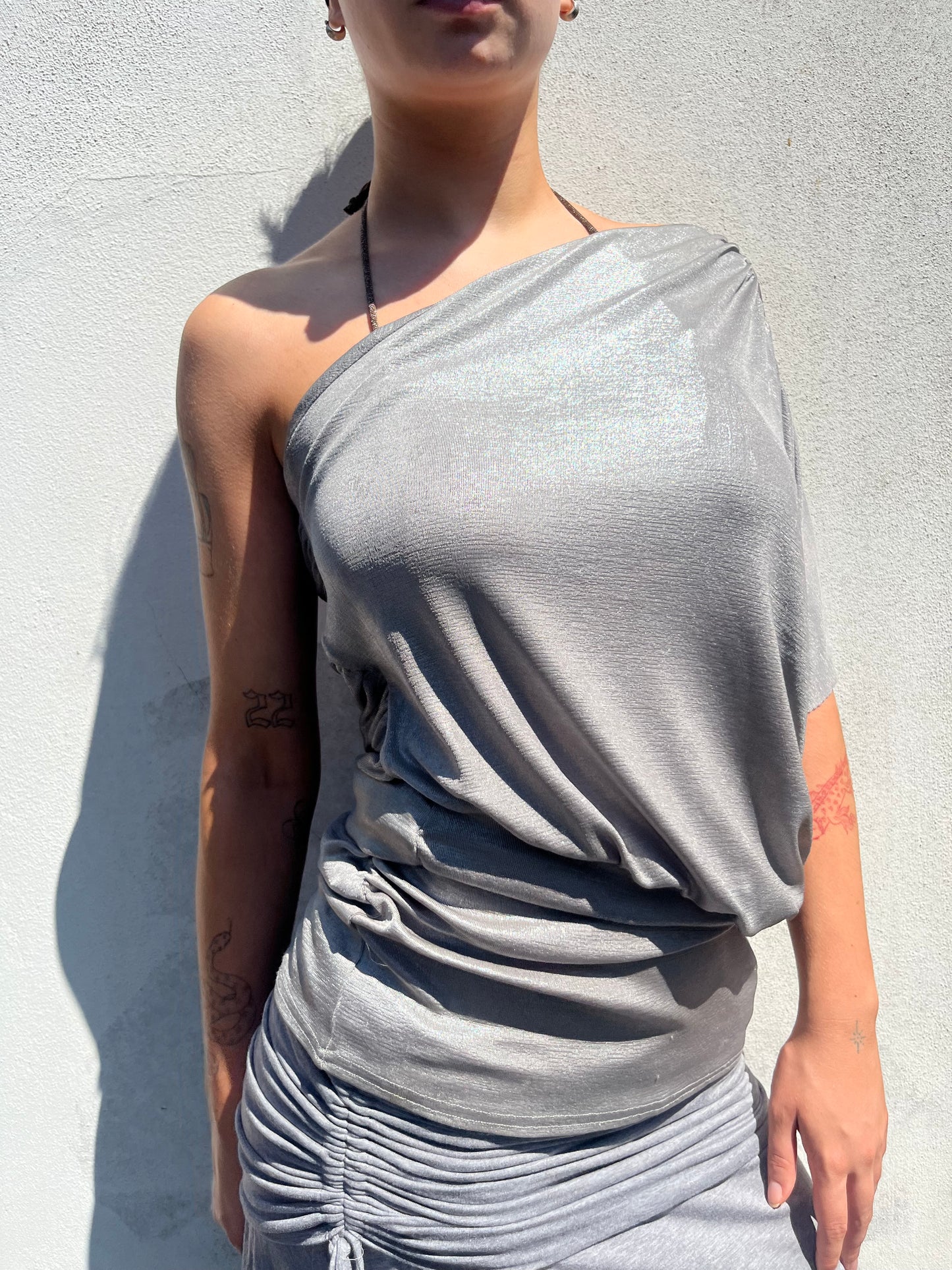 silver one shoulder top