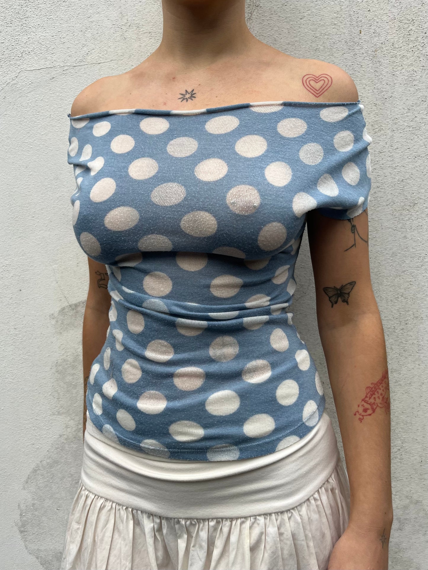 polka dot off the shoulder top in blue