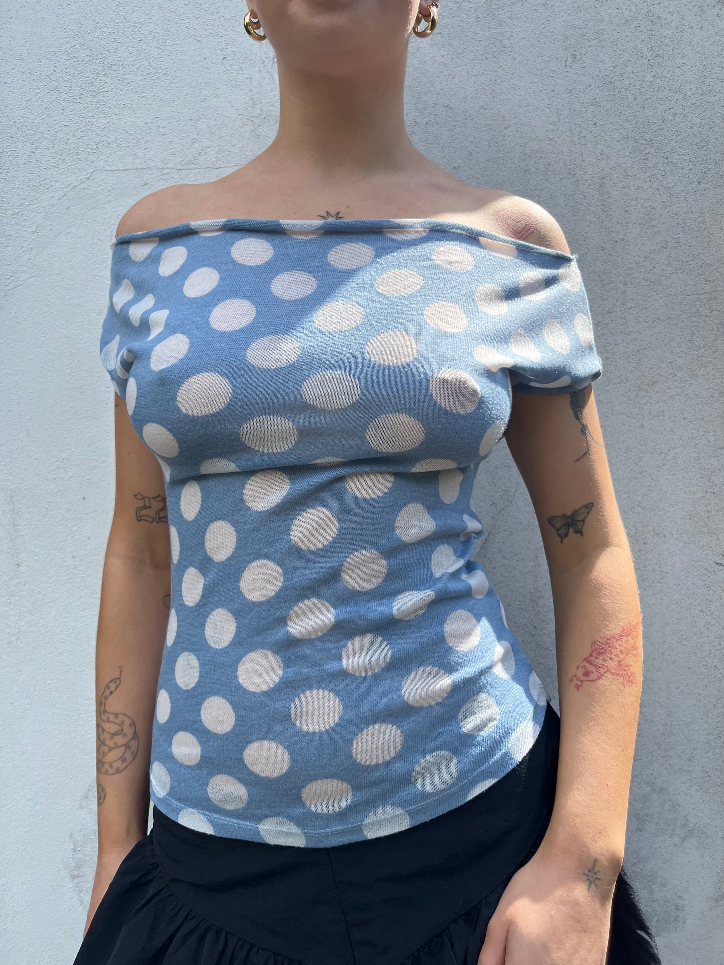 polka dot off the shoulder top in blue