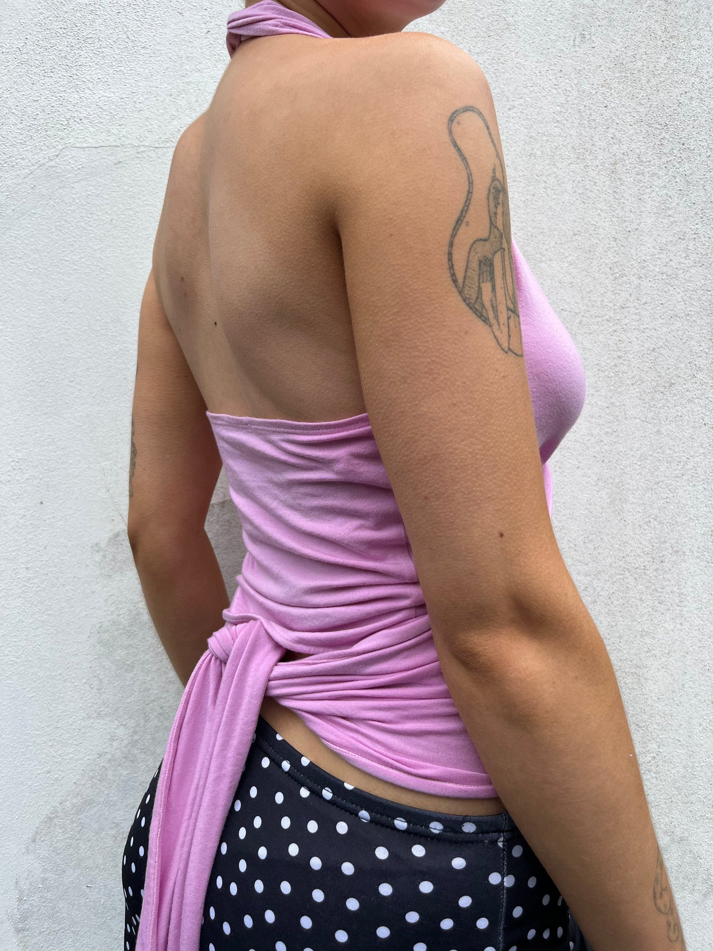 pink wrap halter neck top