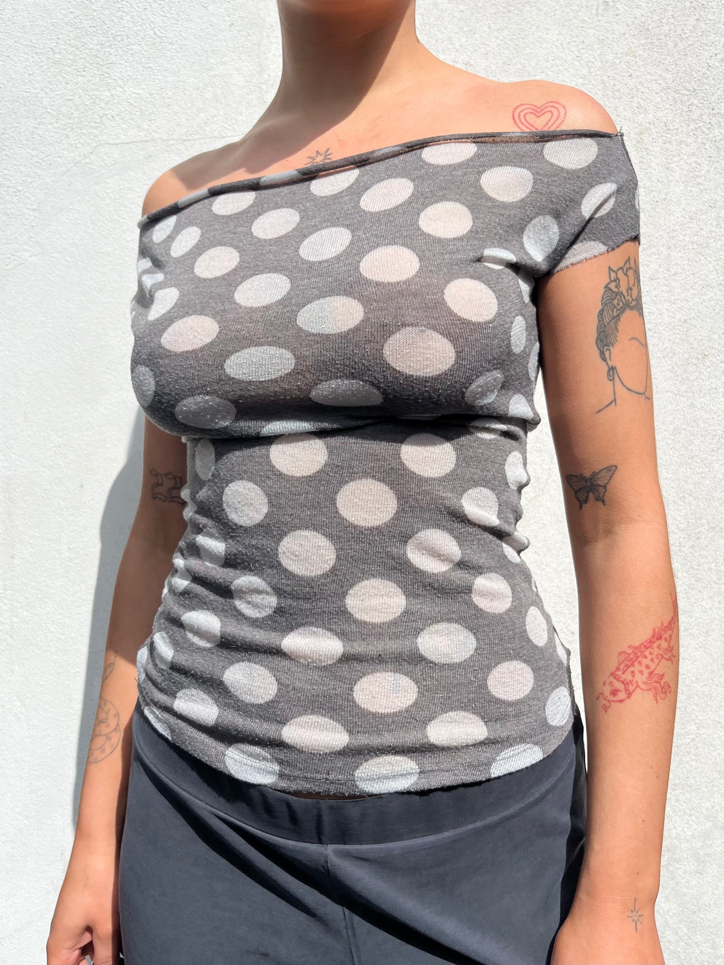 polka dot off the shoulder top in grey