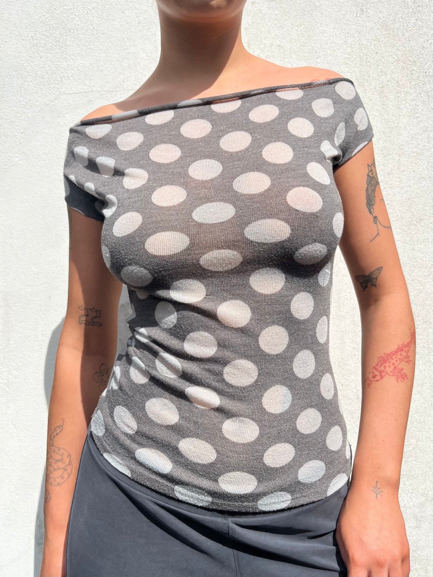 polka dot off the shoulder top in grey