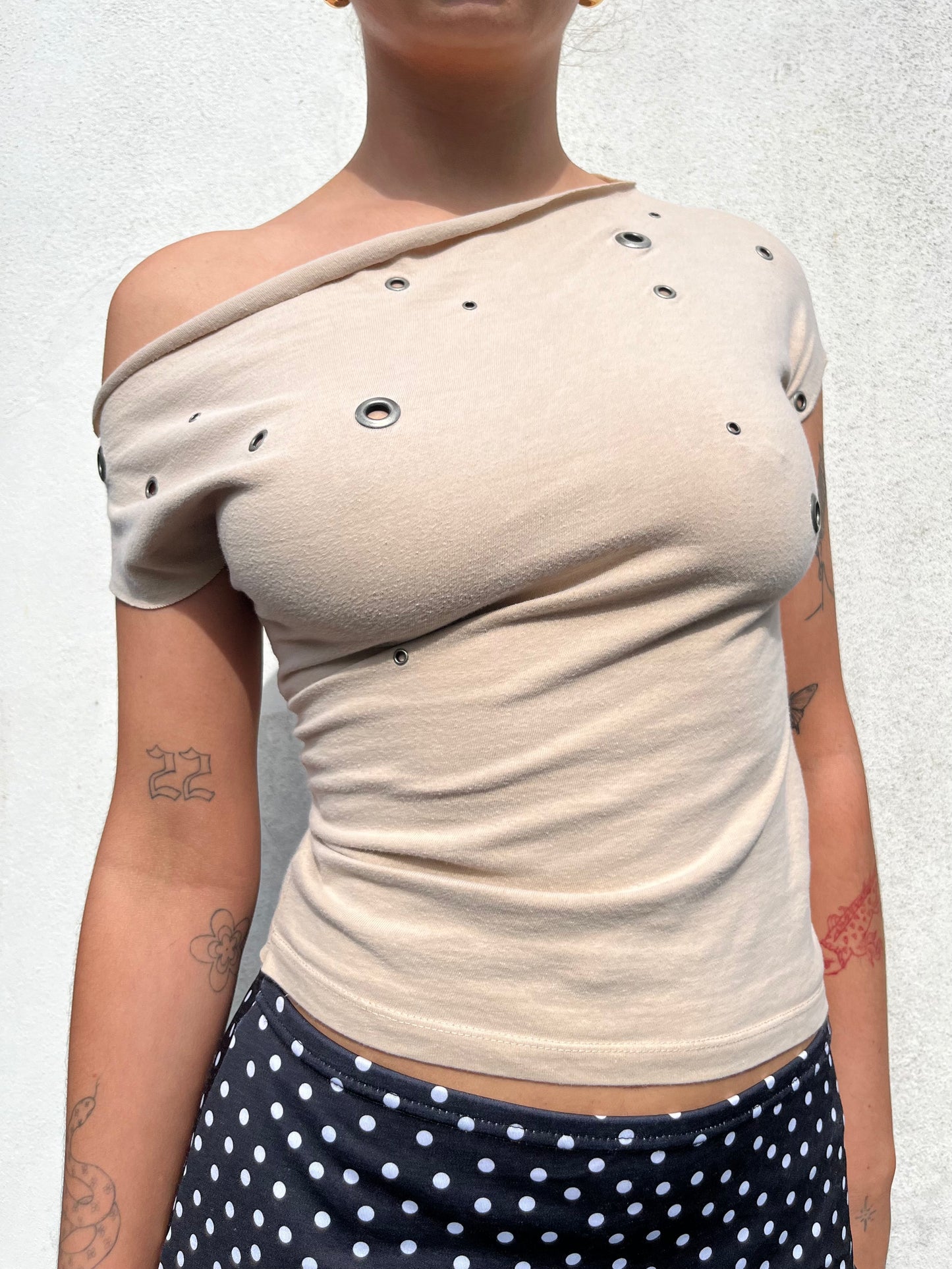 beige eyelet top