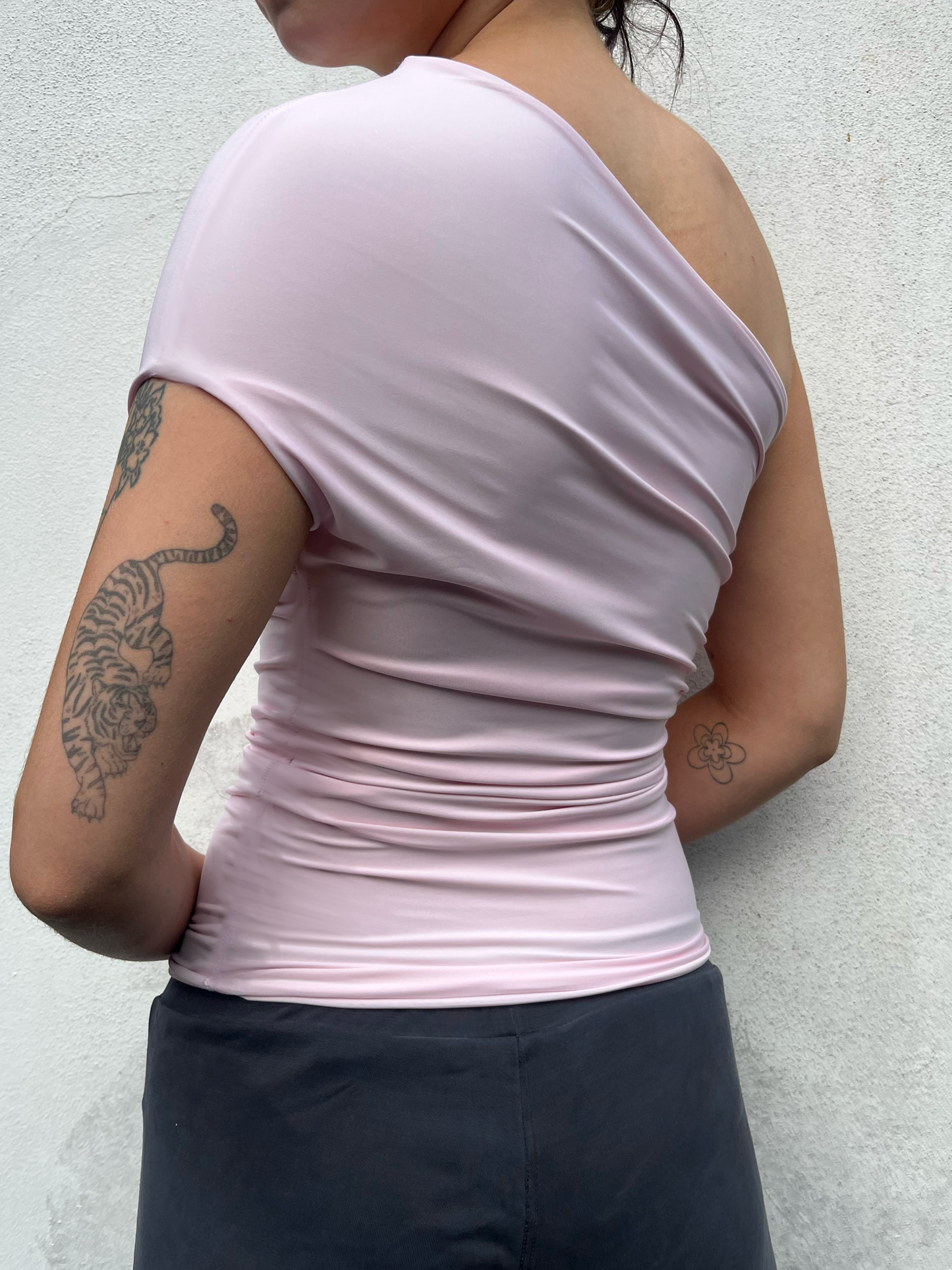 one shoulder eyelet top in pale pink