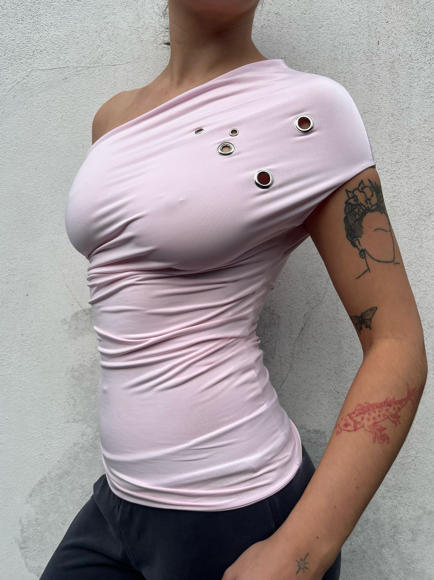 one shoulder eyelet top in pale pink