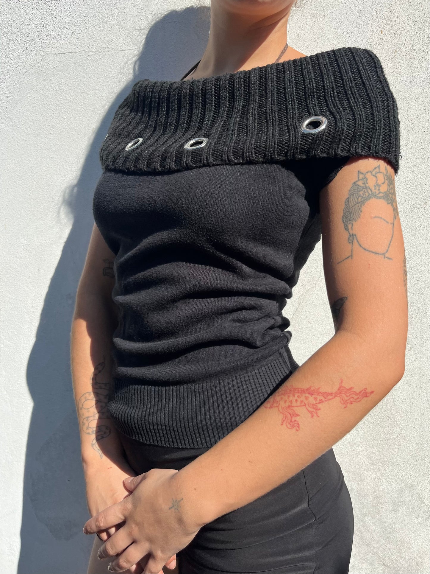 black bardot eyelet top