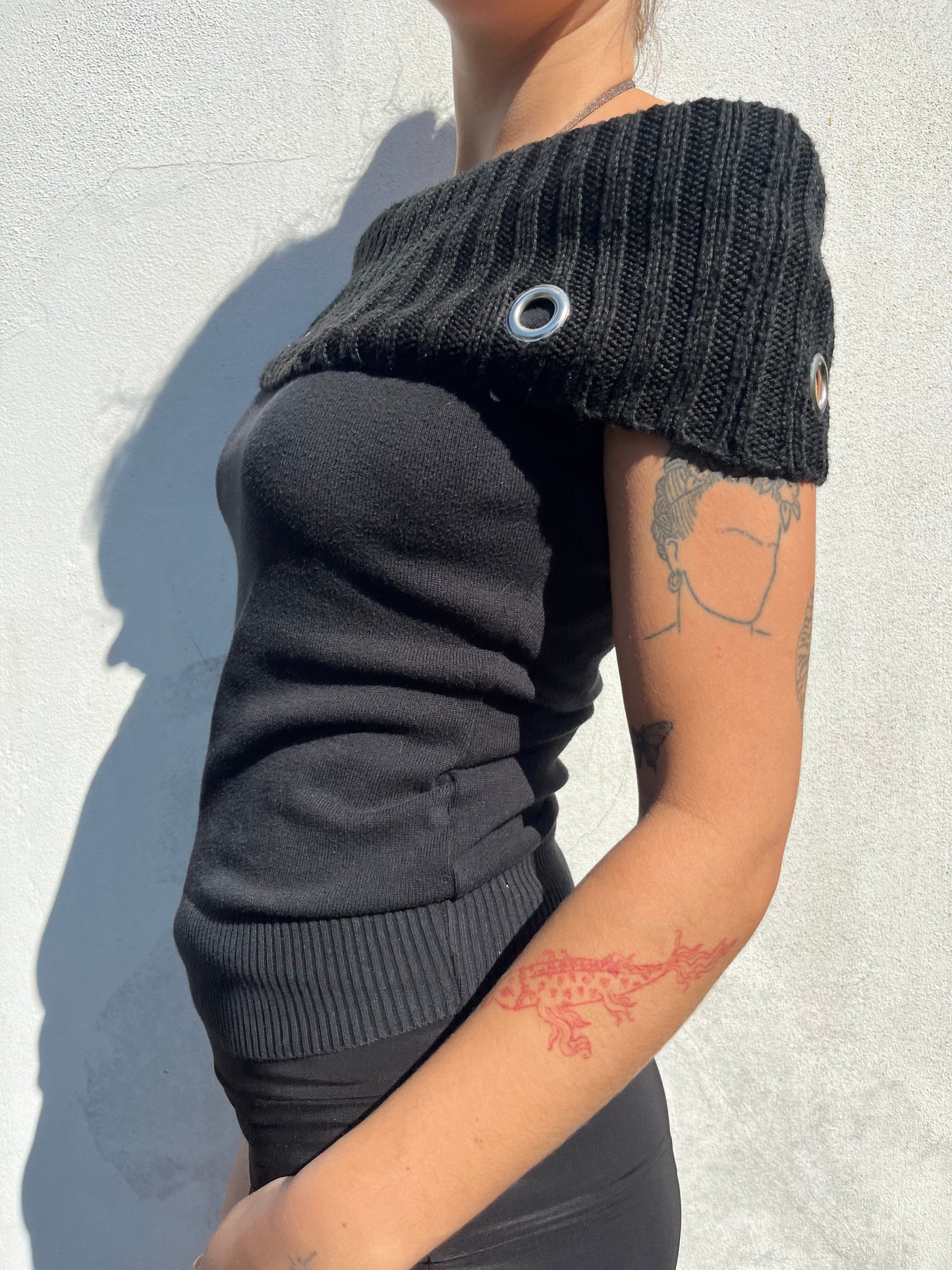 black bardot eyelet top