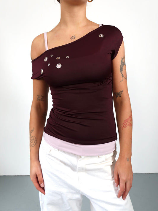 slouch eyelet top in plum