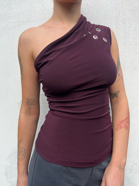 one shoulder eyelet top in plum