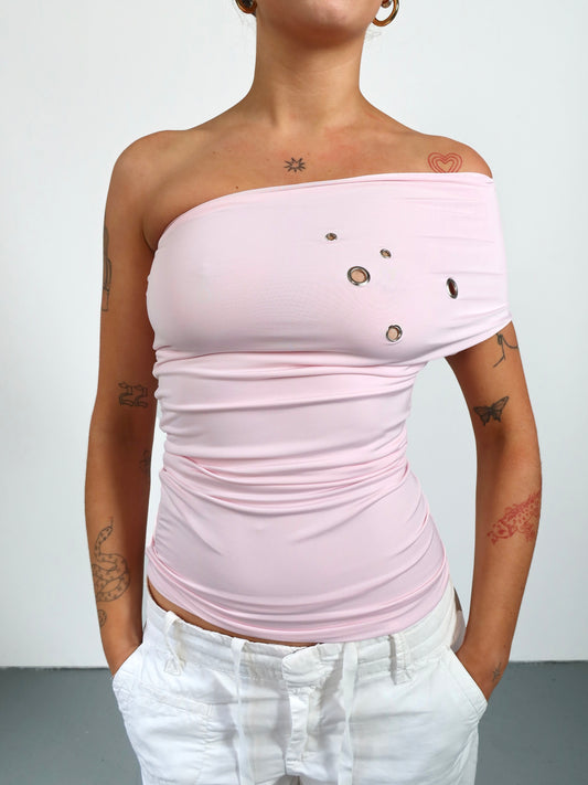one shoulder eyelet top in pale pink