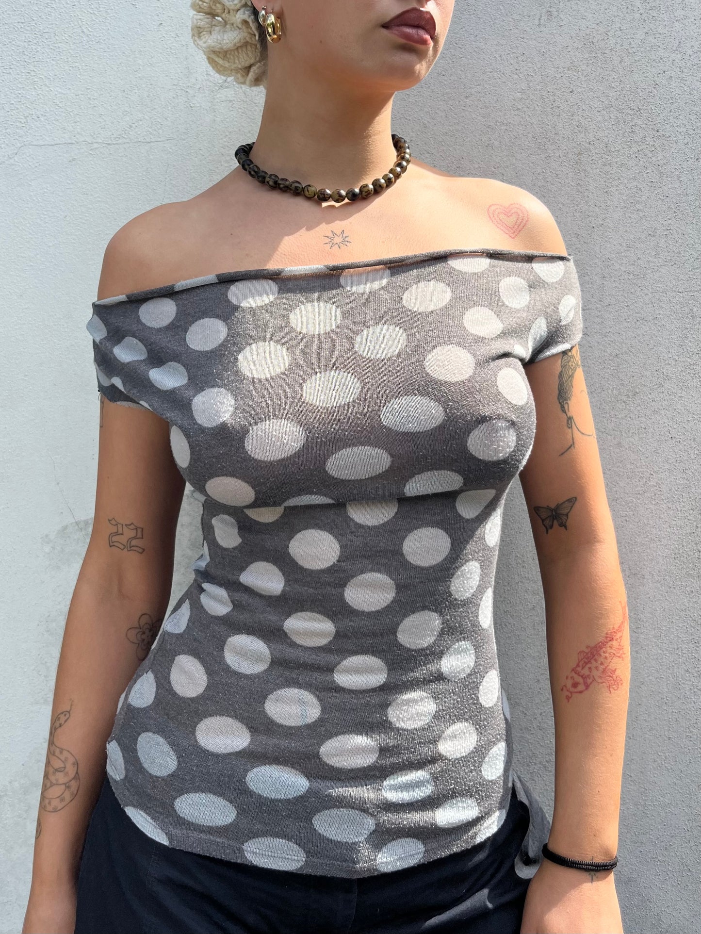 polka dot off the shoulder top in grey