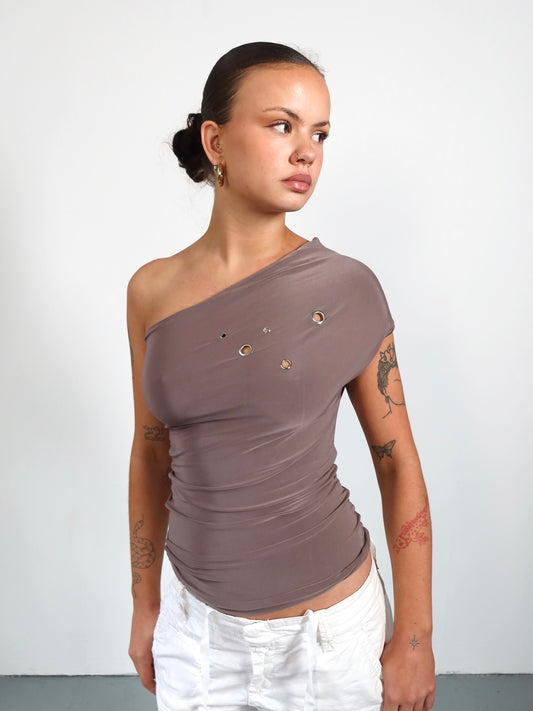 one shoulder eyelet top in mocha