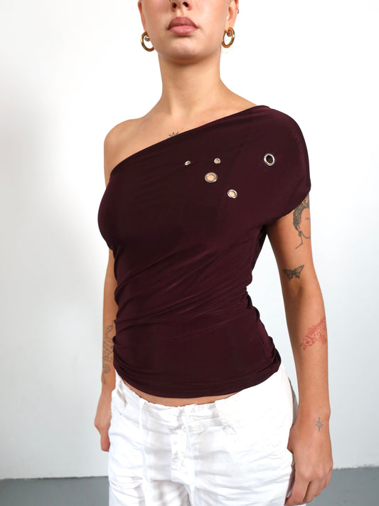 one shoulder eyelet top in plum