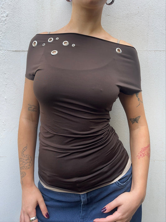 slouch eyelet top in chocolate