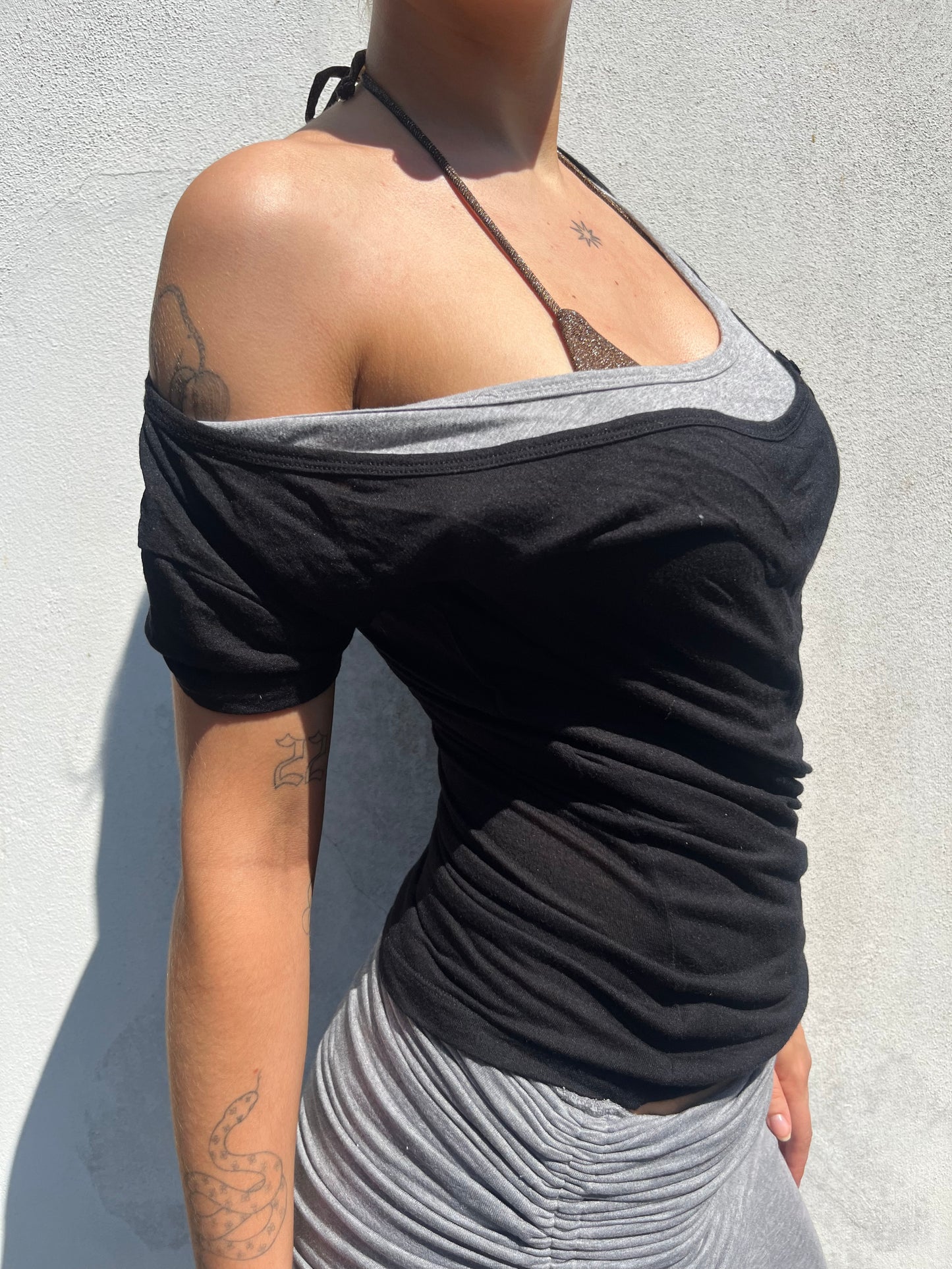 black and grey layered top