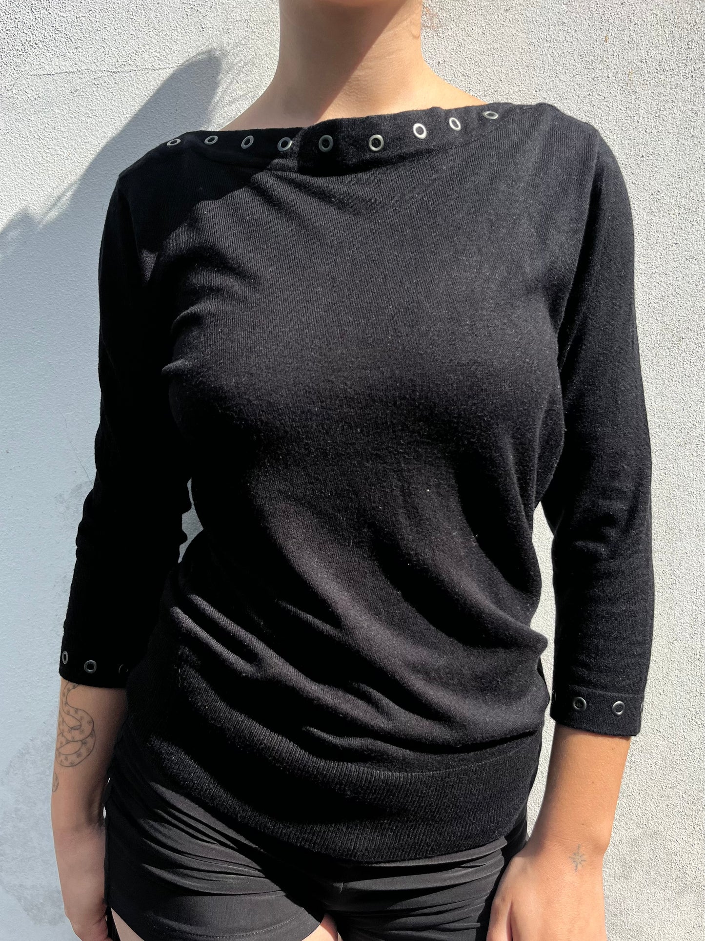 black eyelet knit top