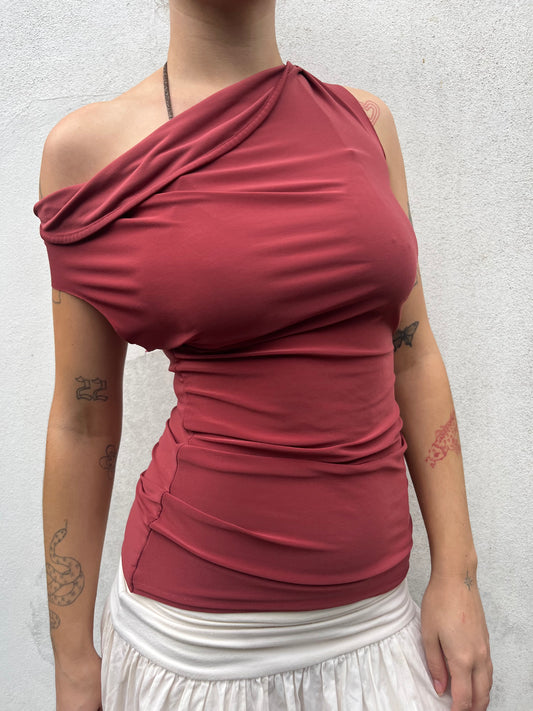 burnt orange cowl neck top
