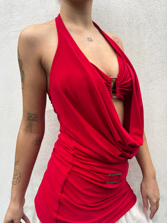 red cowl neck top