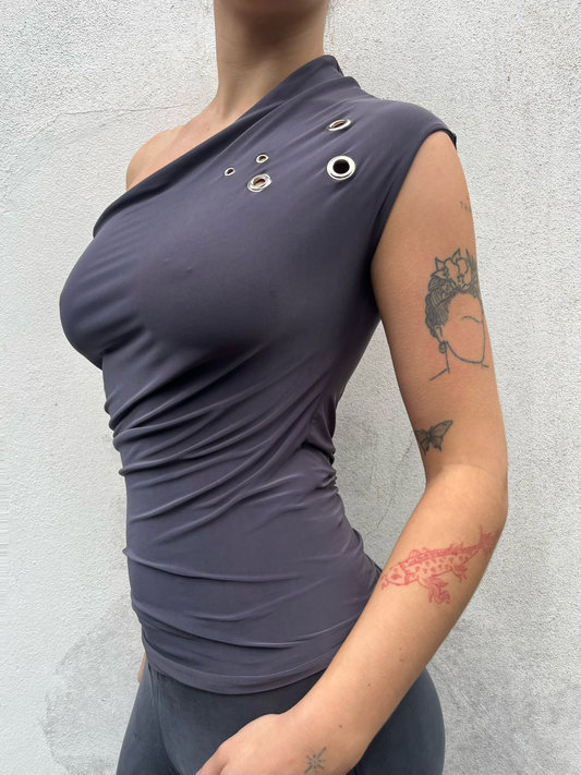 one shoulder eyelet top in slate
