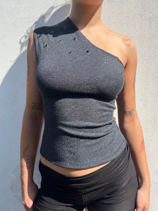 dark grey eyelet top