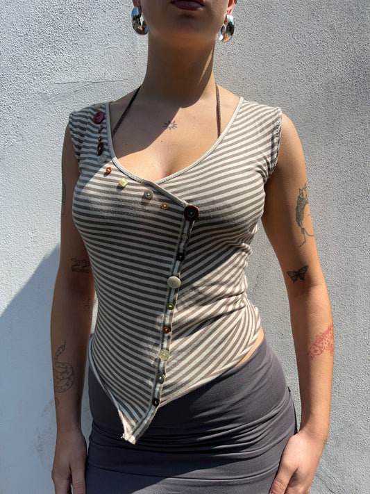 stripy asymmetric button top