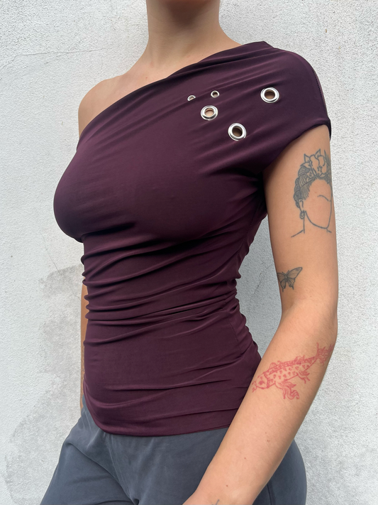 one shoulder eyelet top in plum