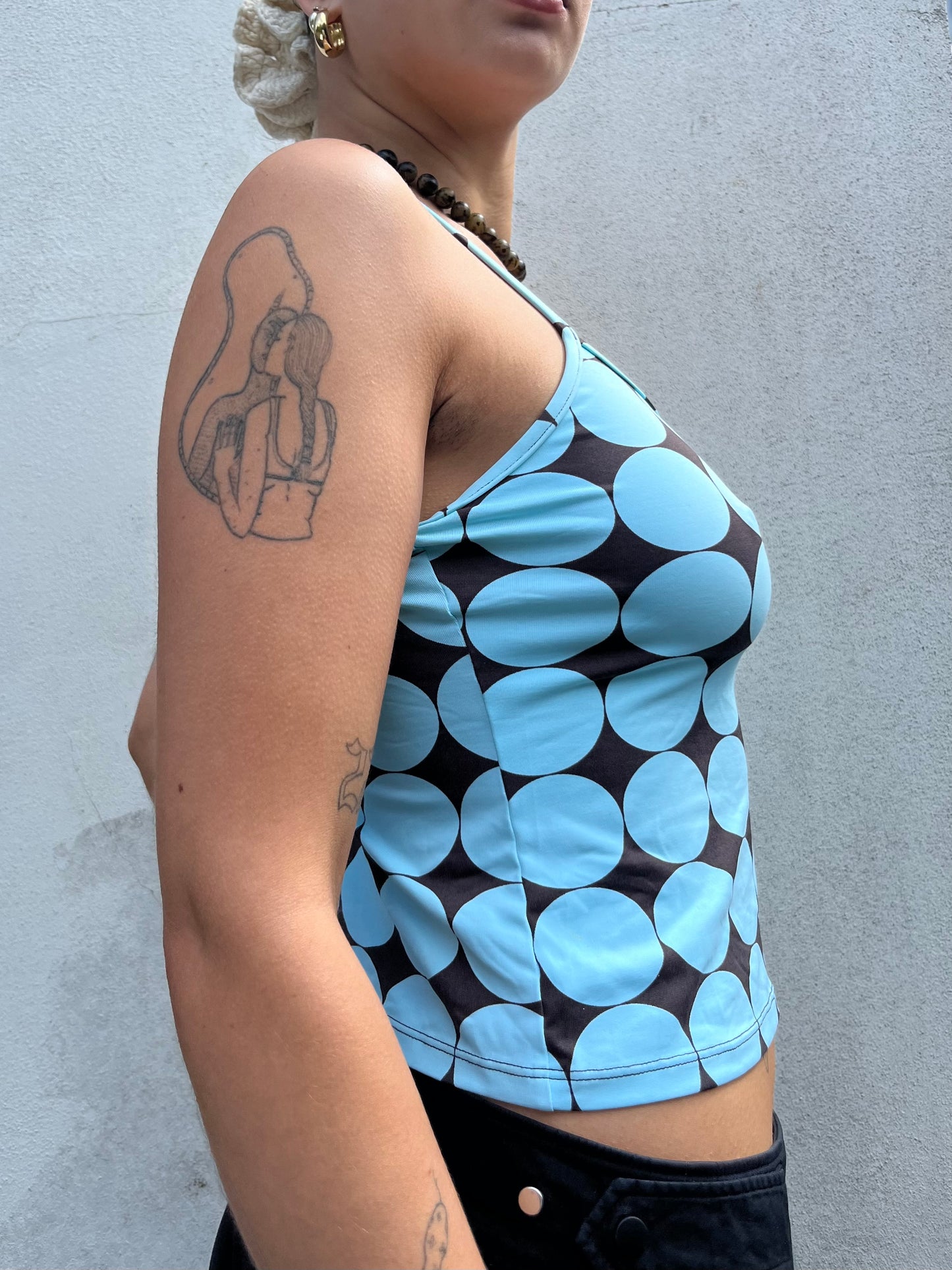 blue and brown polka dot cami