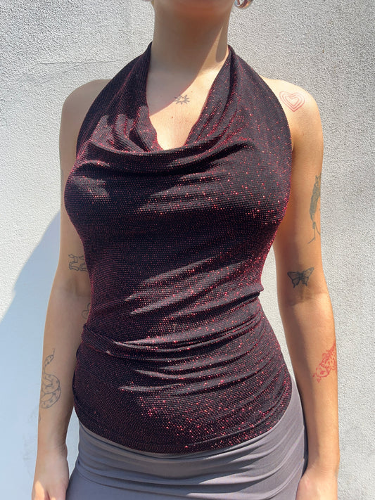 sparkly red cowl neck