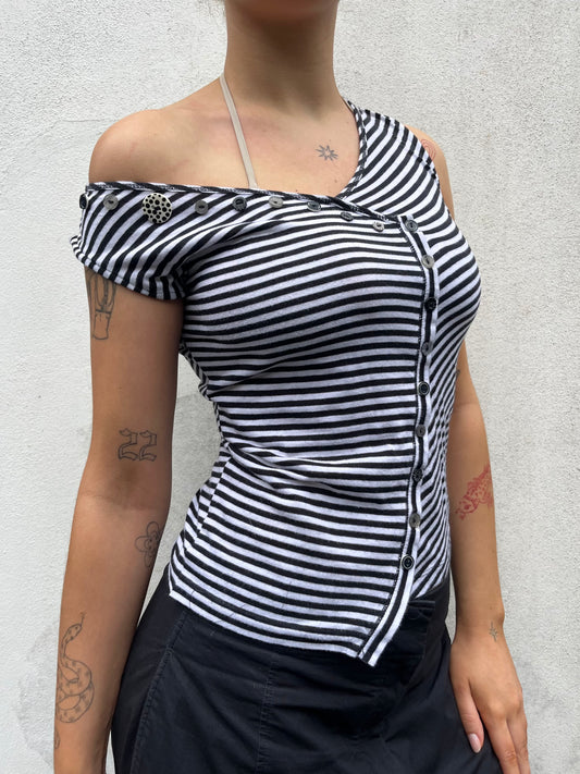 stripy asymmetric button top