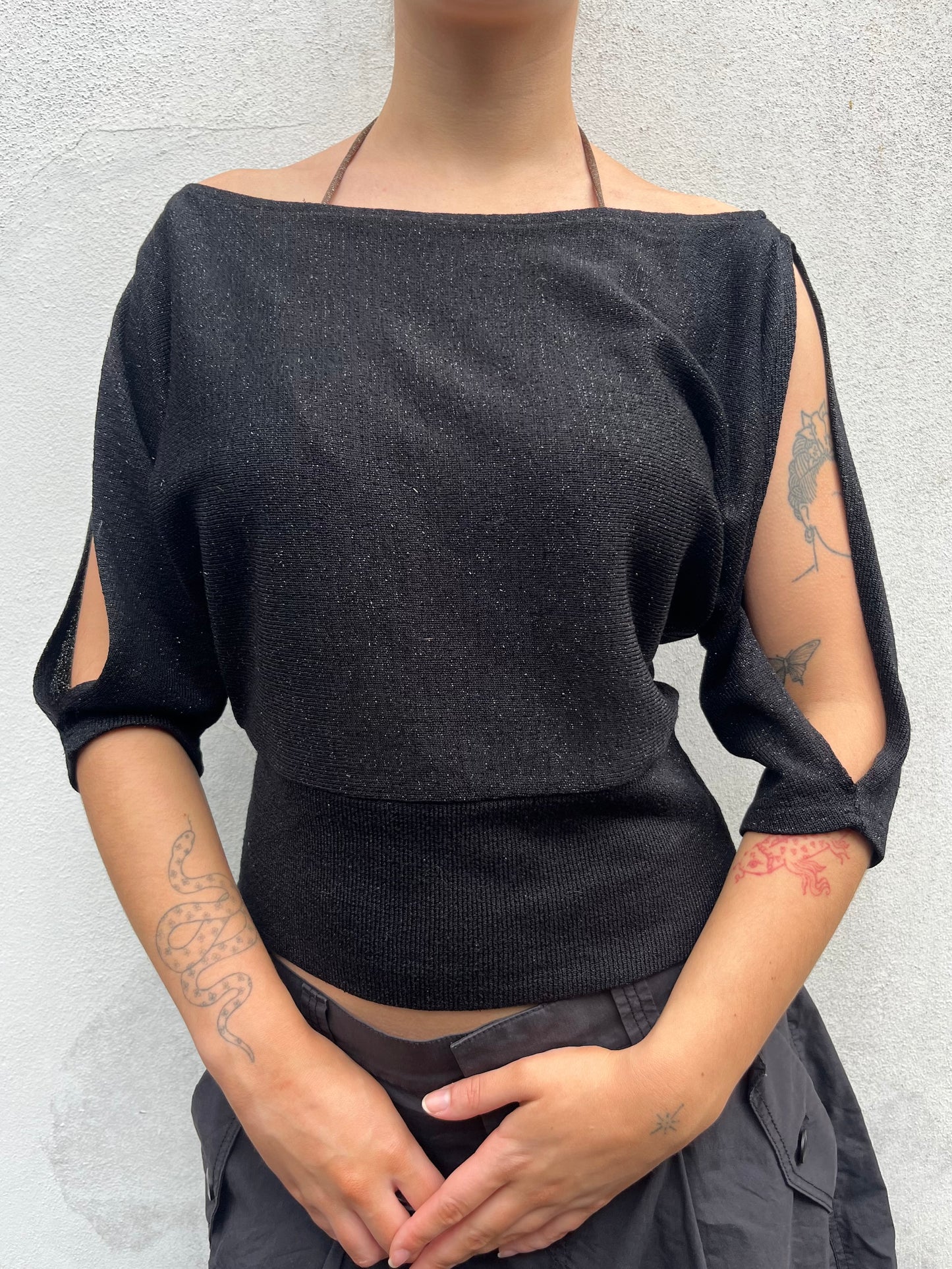 black sparkly batwing top