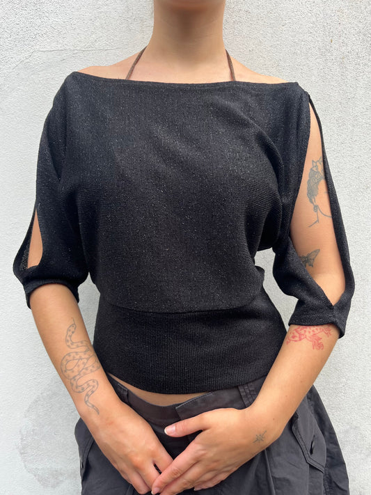 black sparkly batwing top