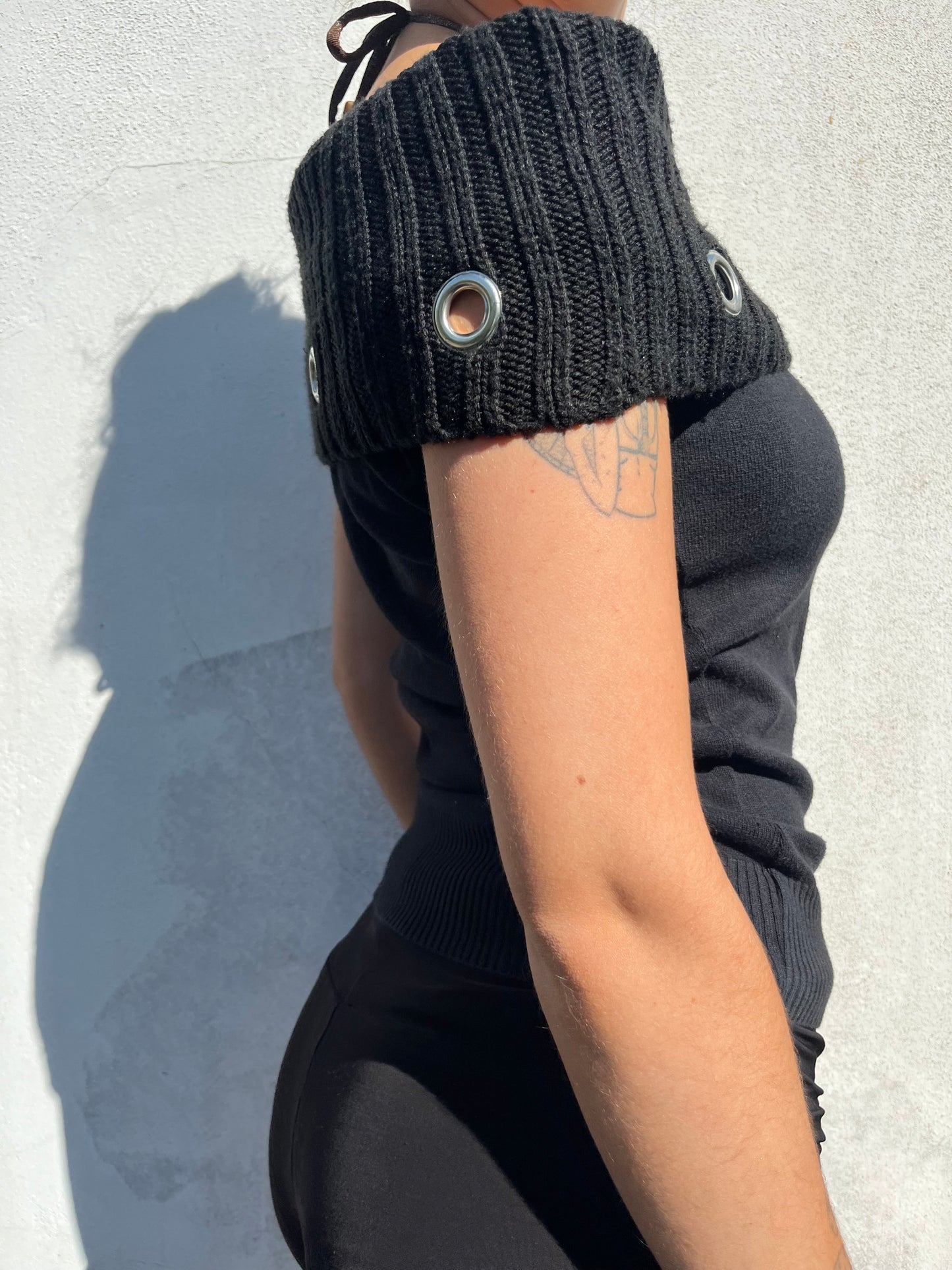 black bardot eyelet top