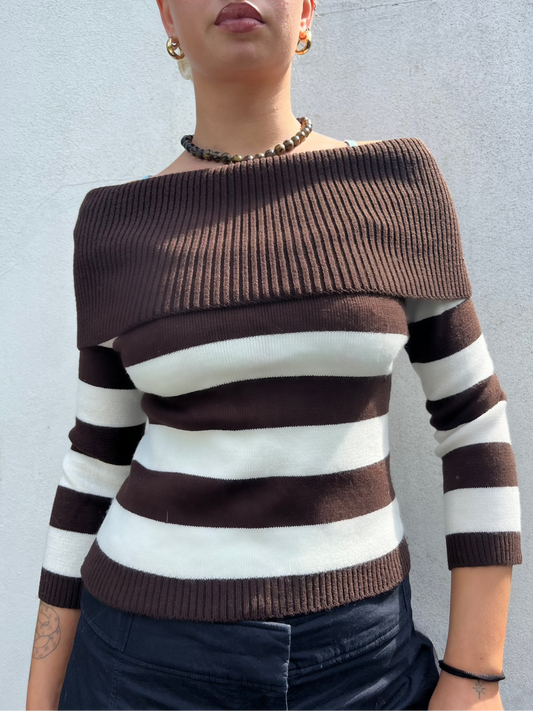 brown and white stripy jumper