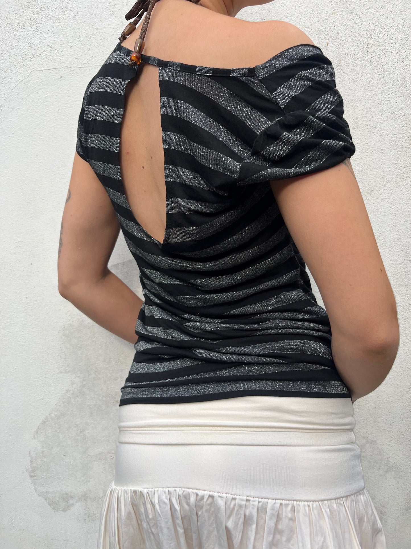 black and silver stripy top