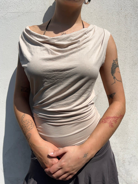 beige cowl neck top