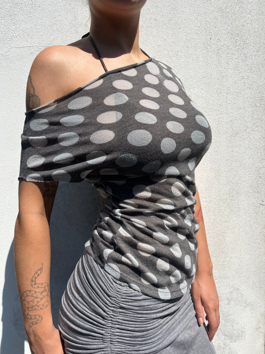 polka dot off the shoulder top in grey