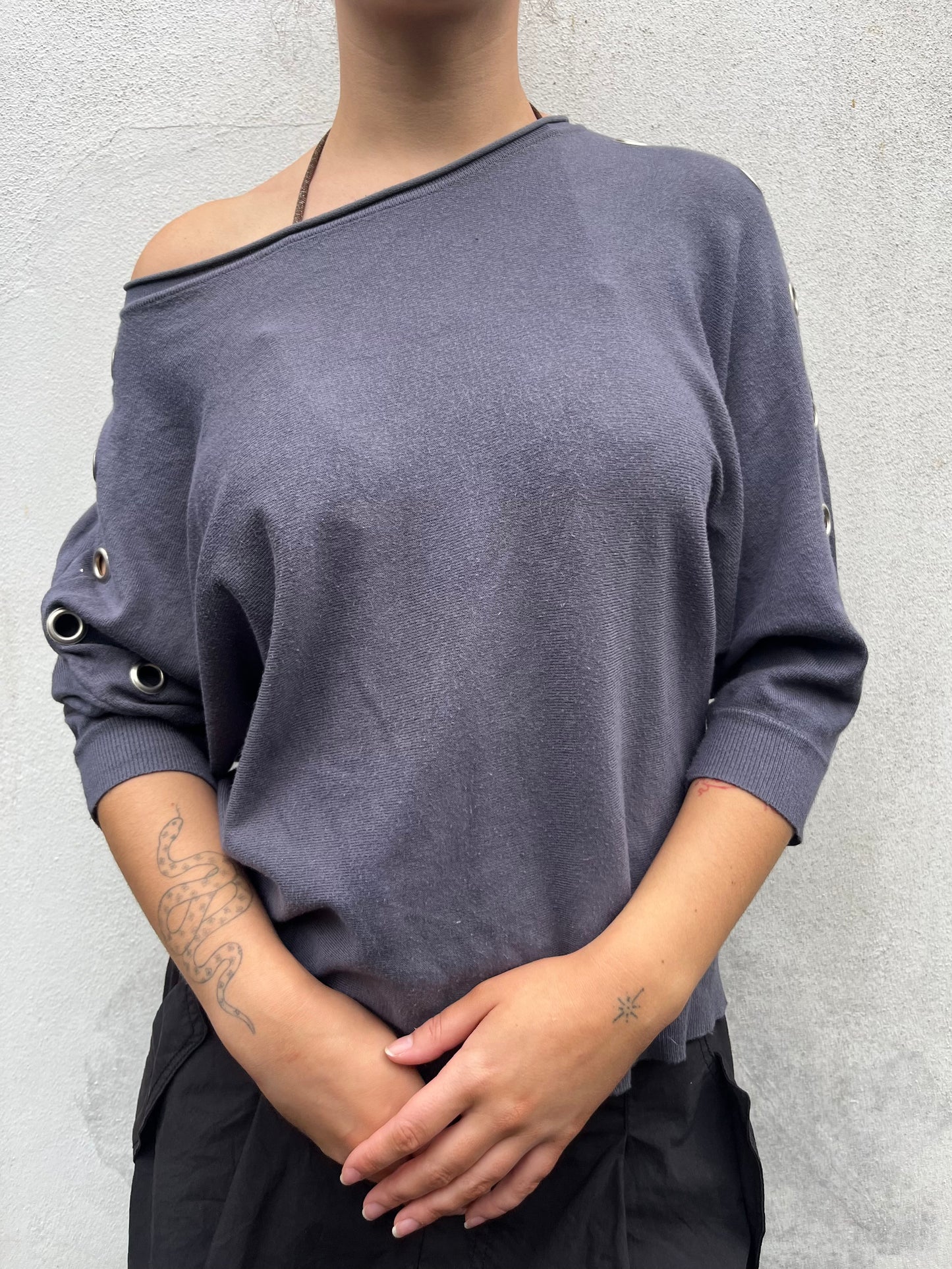 grey eyelet batwing knit