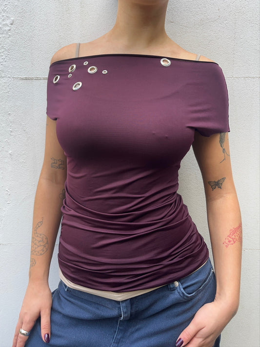slouch eyelet top in plum