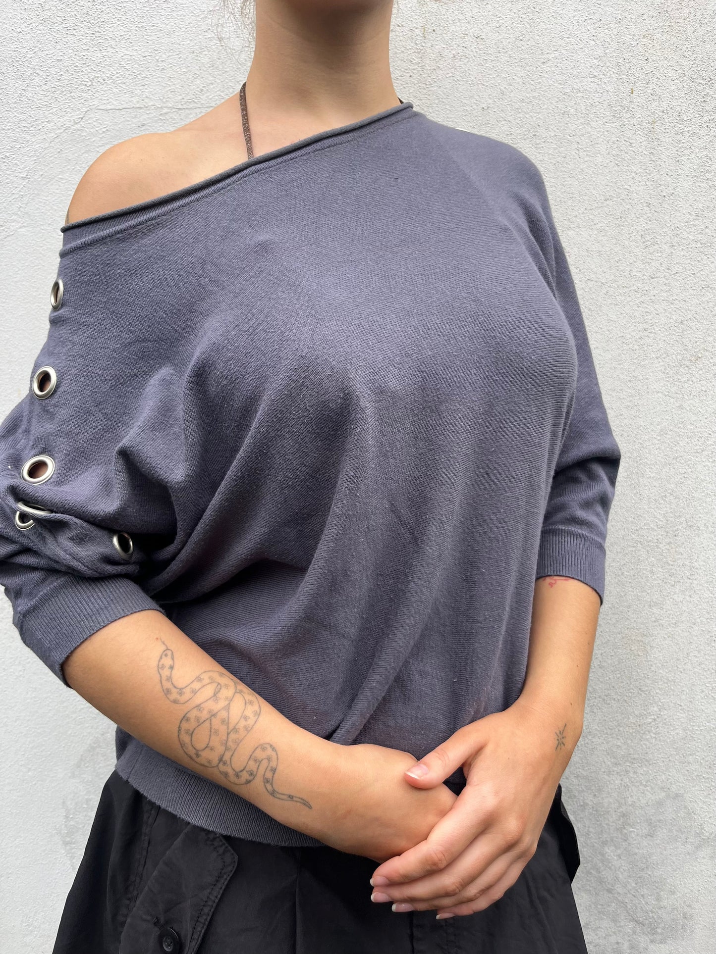 grey eyelet batwing knit