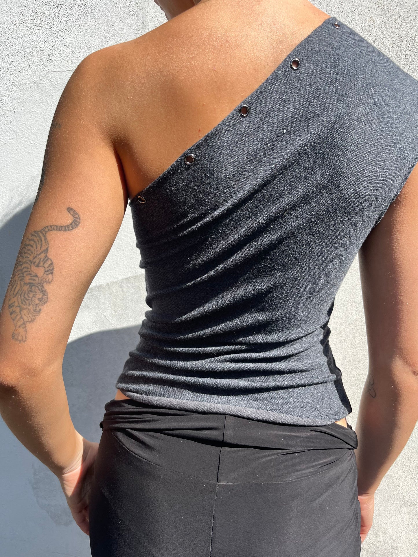 dark grey eyelet top