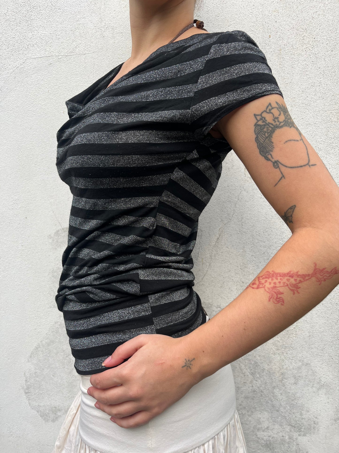 black and silver stripy top