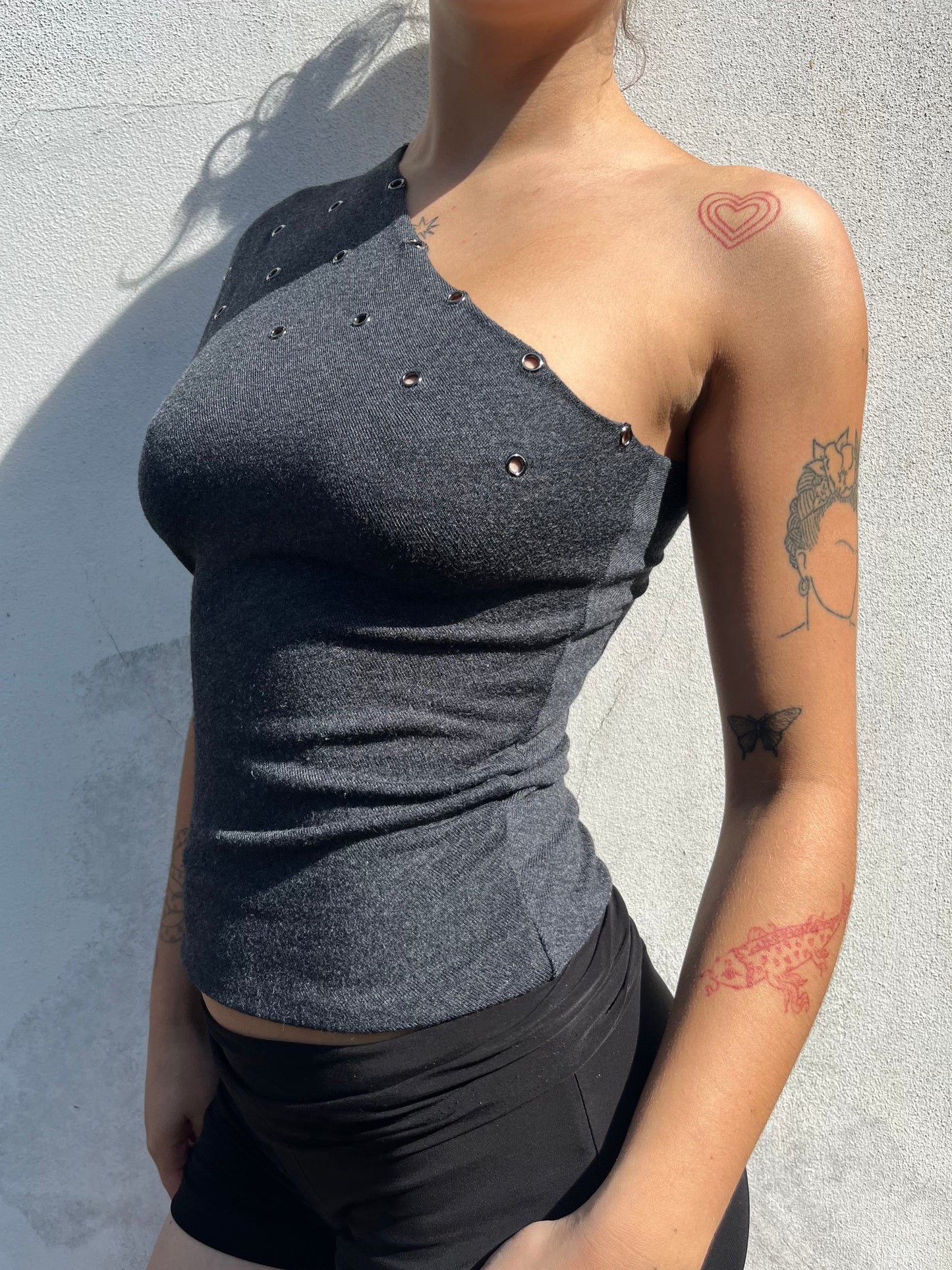 dark grey eyelet top