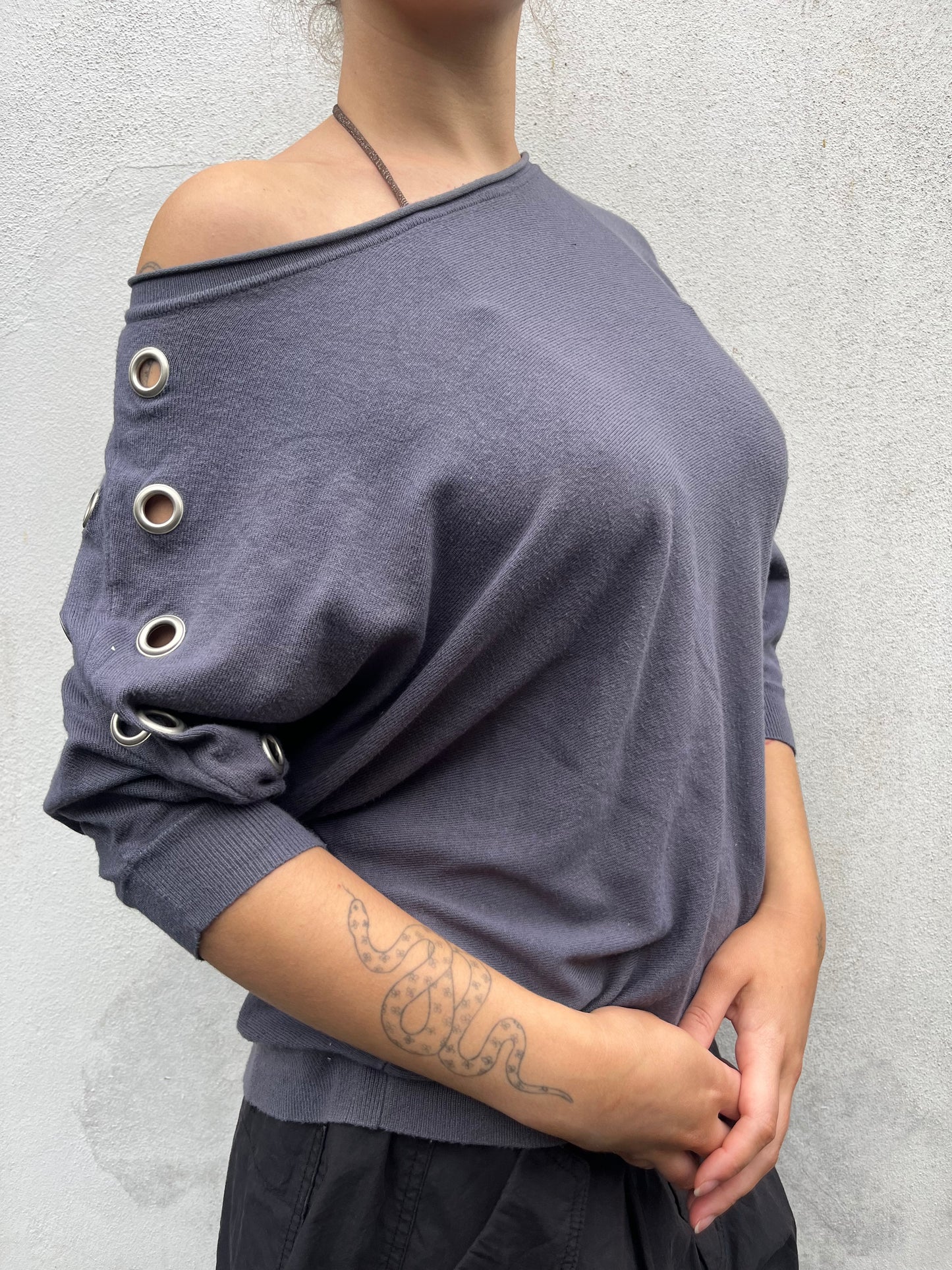 grey eyelet batwing knit