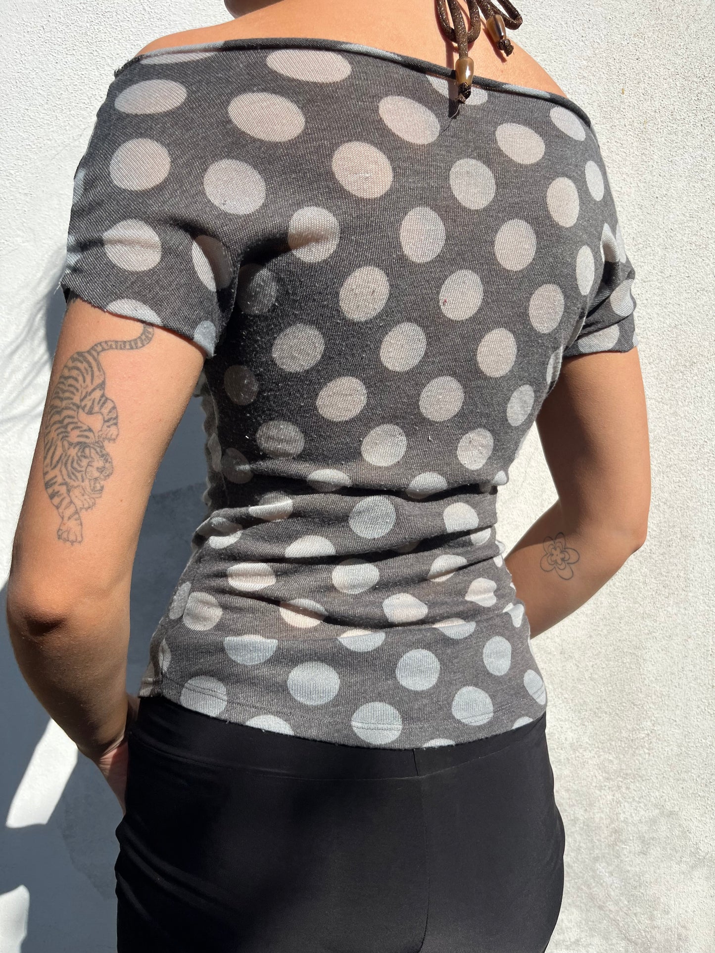 polka dot off the shoulder top in brown