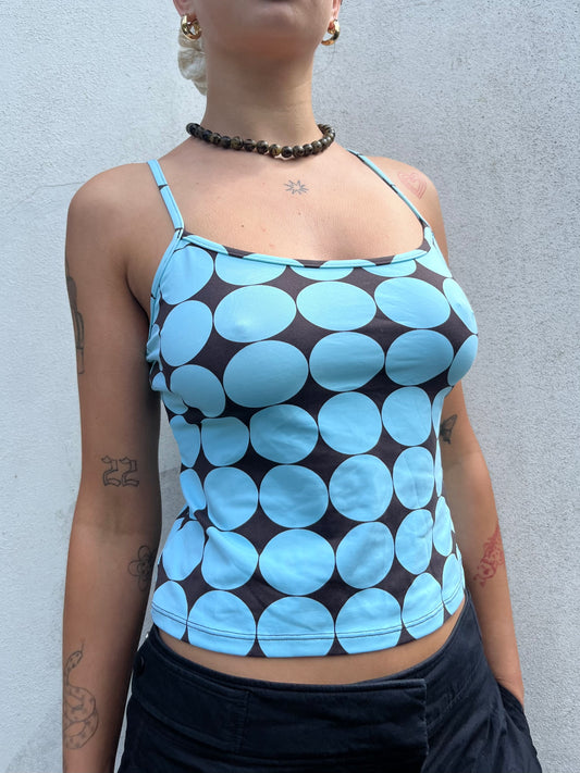 blue and brown polka dot cami