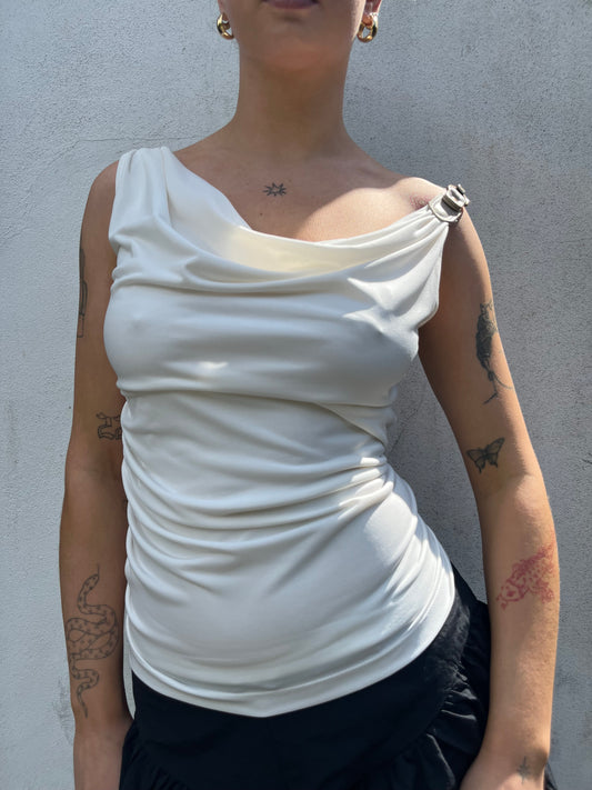 white cowl neck top